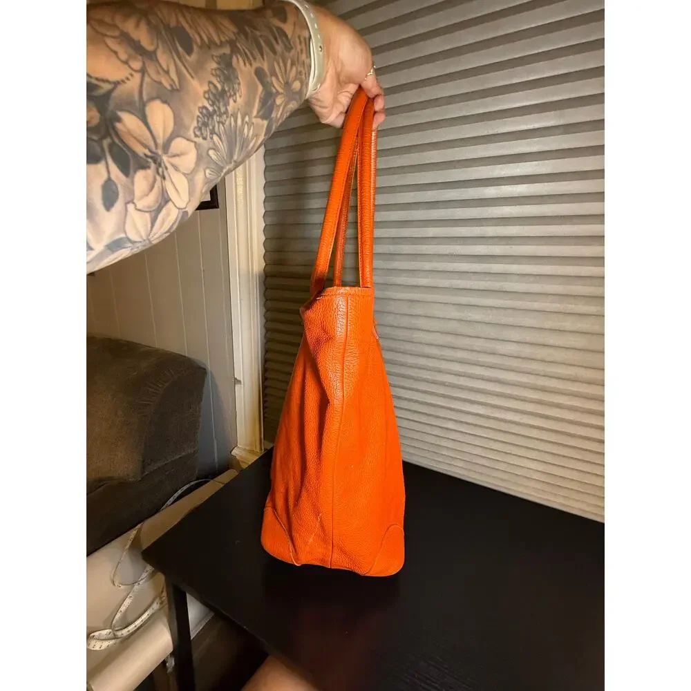 Crate & Barrel Orange Pebbled Leather Tote Shoulder Bag Large Shopper Purse